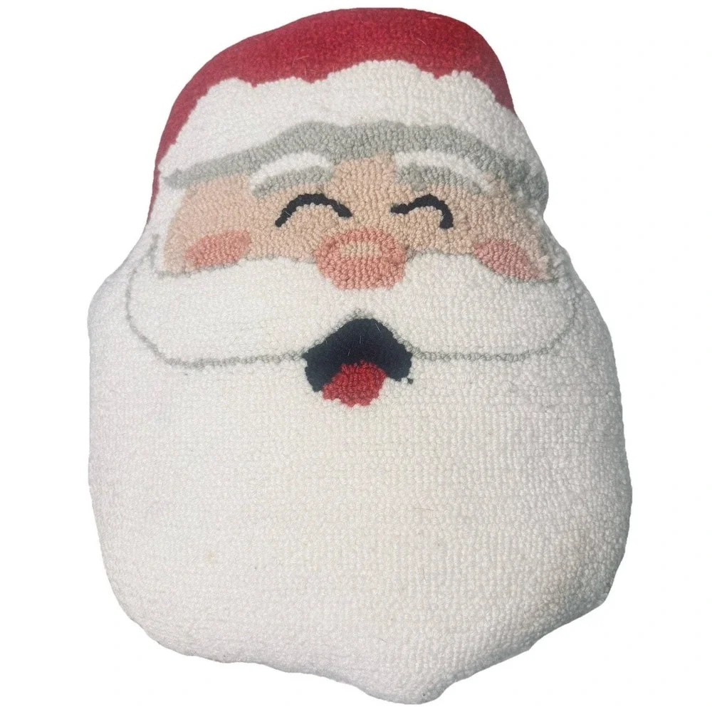 Vintage Santa Claus Hooked Wool Decorative Christmas Pillow Red White 16x12